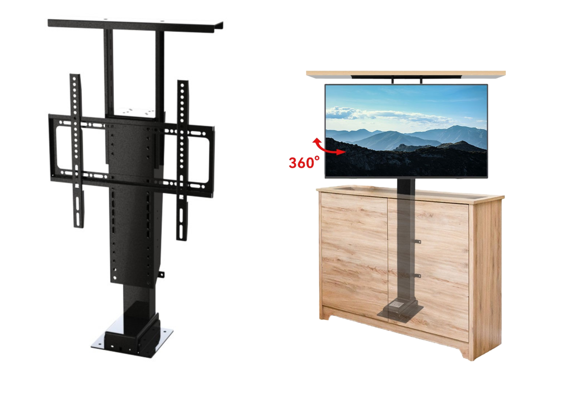 Composite image of the LINACT-TL-06-1000-S swivel TV lift, showing the black steel mechanism on the left and the lift in a cabinet with 360-degree rotation on the right. Linear Actuators South Africa.
