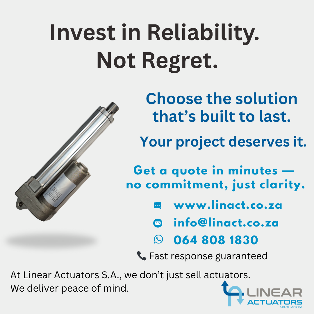 Contact details for Linear Actuators South Africa including website, email, and phone number
