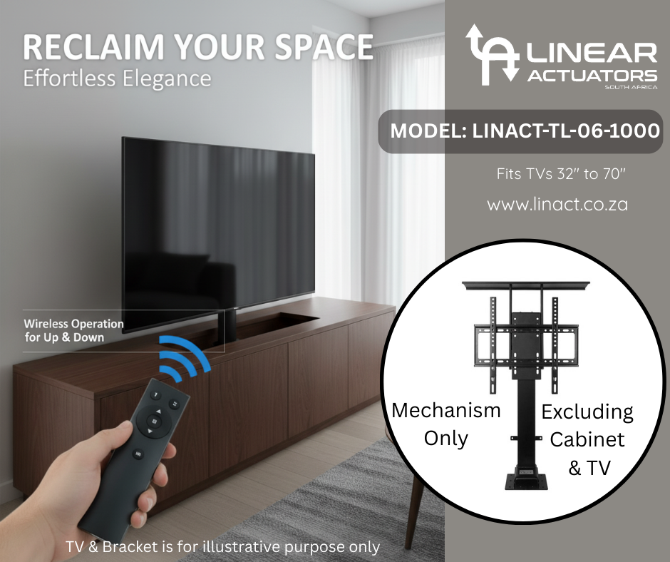 Motorized Pop-Up TV Lift Mechanism Model LINACT-TL-06-1000 inside a cabinet