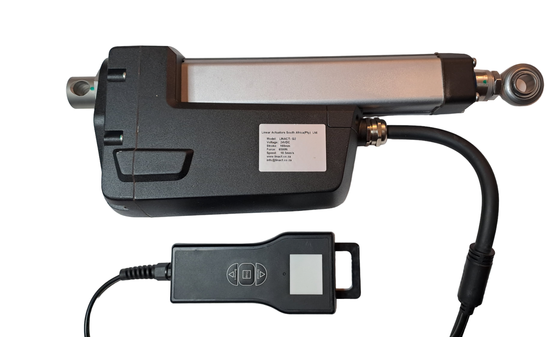 LINACT-G2 heavy-duty linear actuator featuring a 160mm stroke and an SK series wired hand control, manufactured by Linear Actuators South Africa.