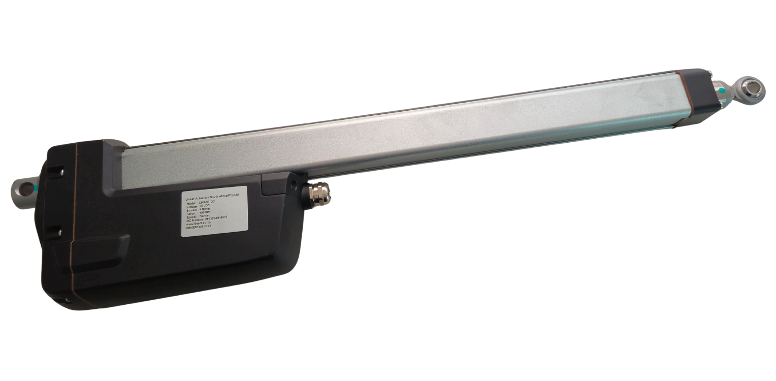 LINACT-G2 24Vdc linear actuator with a 410mm stroke, 10,000N lift force, and a joint bearing rod end.