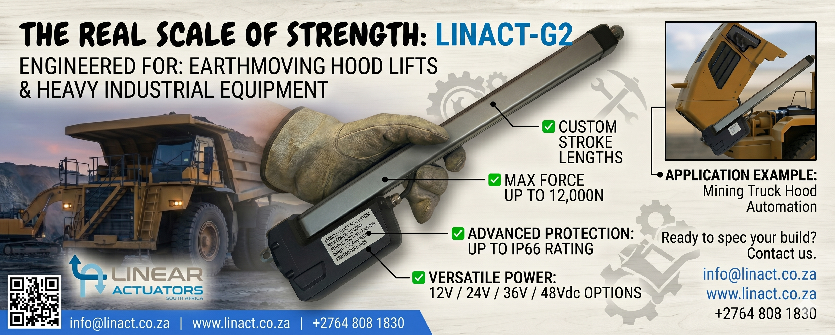 LINACT-G2 heavy-duty linear actuator banner showcasing earthmoving hood lift automation, 12,000N max force, and IP66 rating for mining equipment.